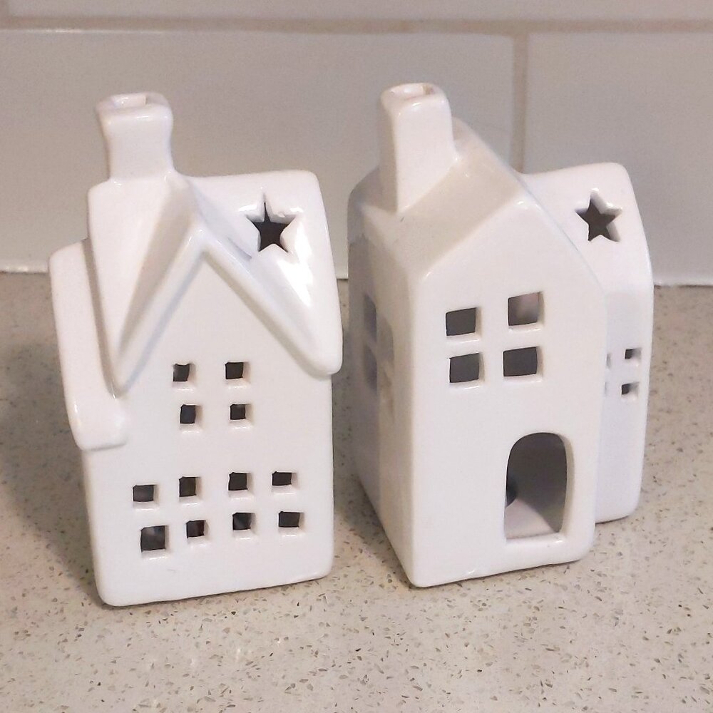 White Ceramic LED Houses Battery Operated Decor Holiday Light Cottagecore Star